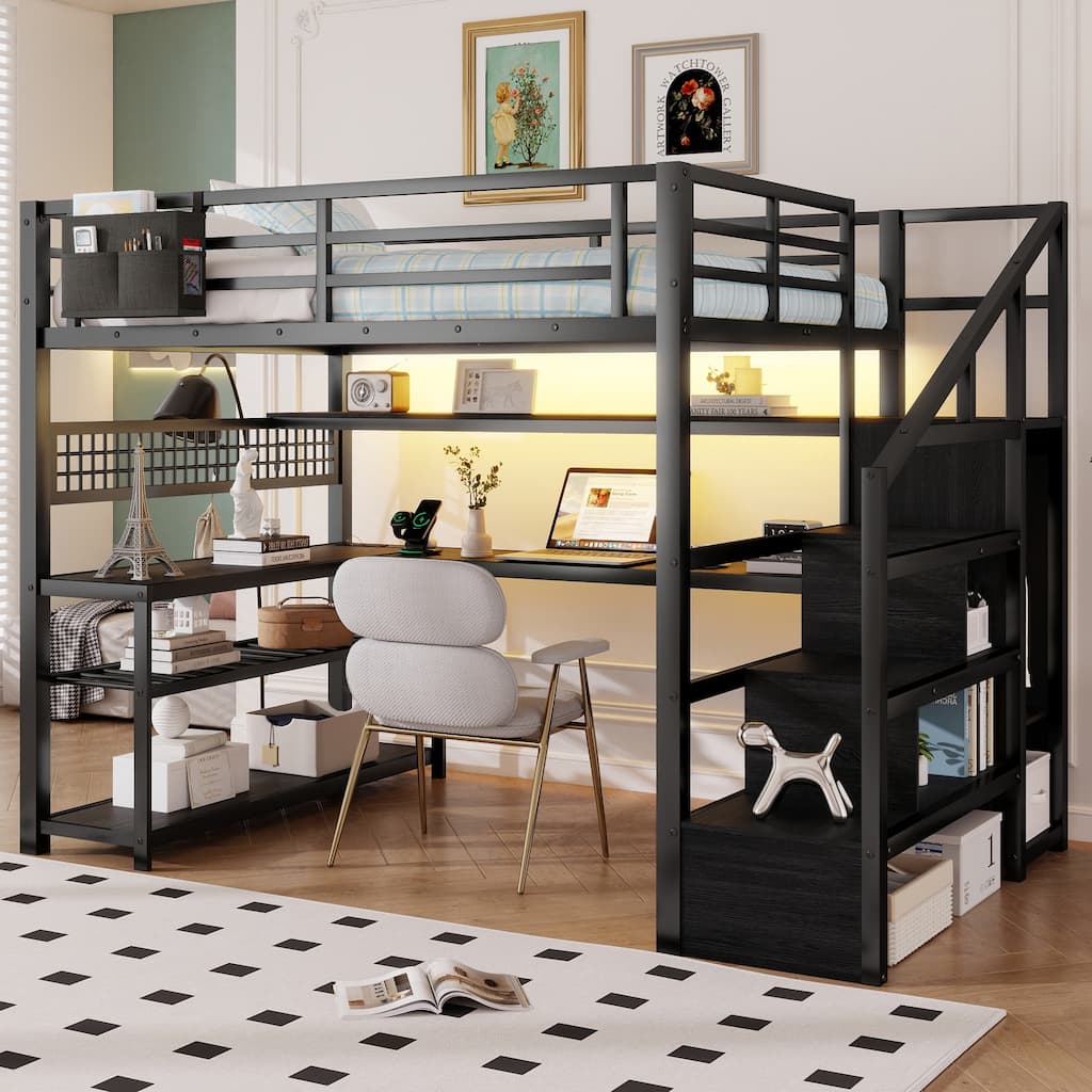 Full Size Loft Bed with Staircase and Wardrobe, Metal Loft Bed with Desk, Storage Shelves, LED Lights