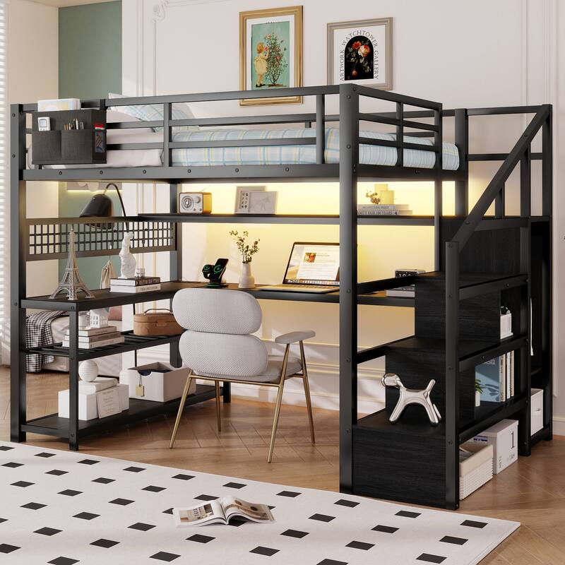Full Size Metal Loft Bed Frame with Staircase, Wardrobe, Desk, Mesh Board, Storage Shelves, Pocket, LED Lights, Charging Station