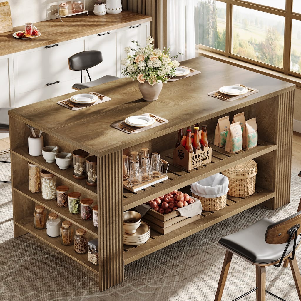 59 Inch Large Kitchen Island with Storage Shelves - 27.55" D x 59.05" W x 35.43" H