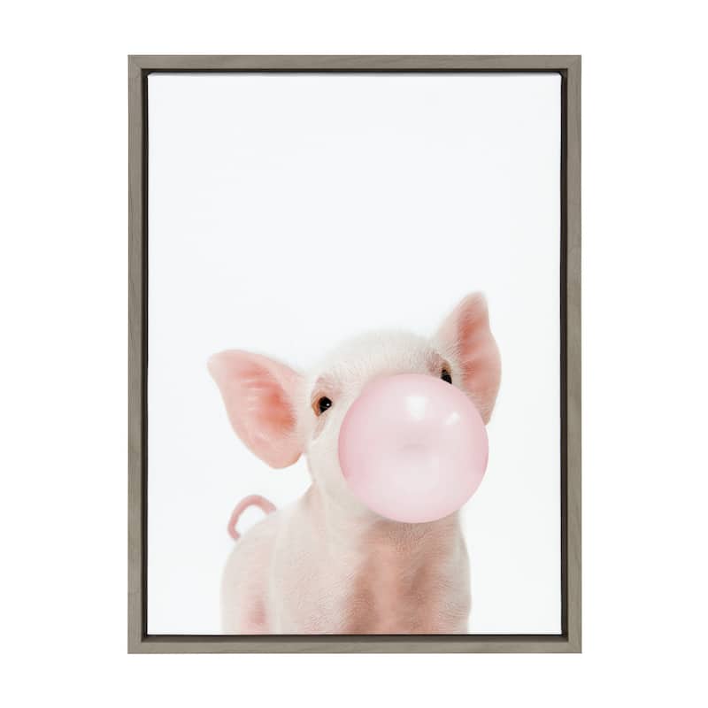 Kate and Laurel Sylvie Bubble Gum Piglet Framed Canvas by Amy Peterson - 18x24 - Plastic - Grey