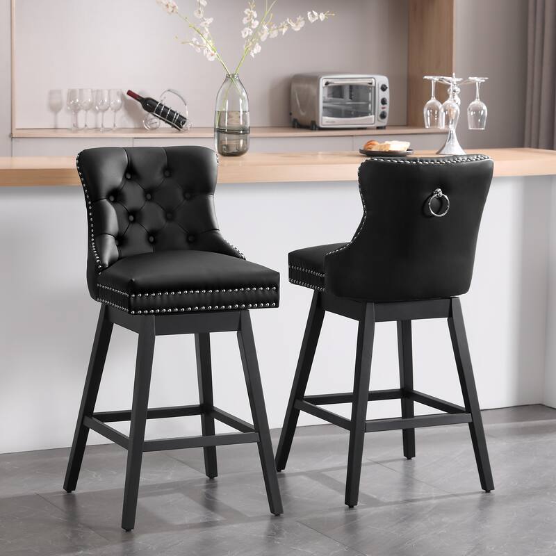26"/29" Faux Leather Swivel Counter or Bar Height Stools with Wood Frame, Set of 2 - Black - Bar Height