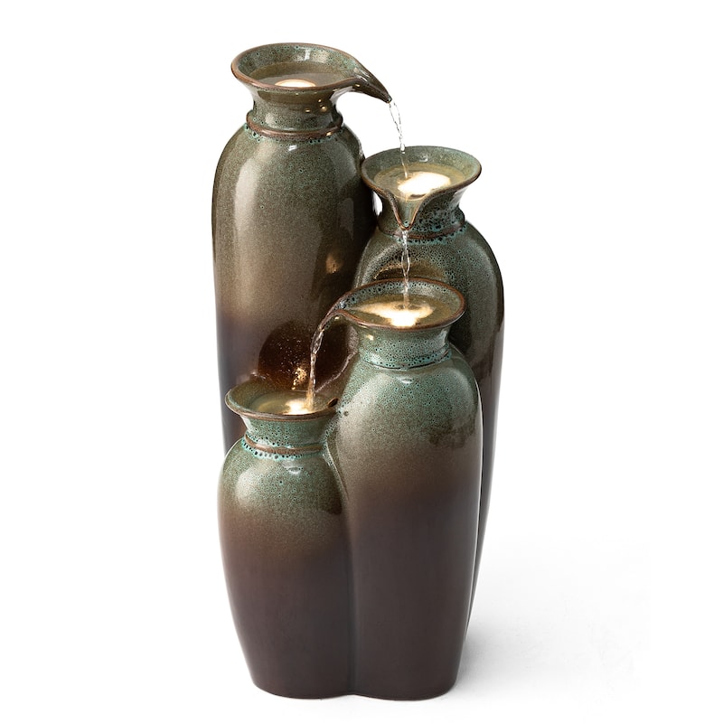 Glitzhome 30.75"H 4-Tiered LED Lighted Ceramic Vase Outdoor Floor Fountains