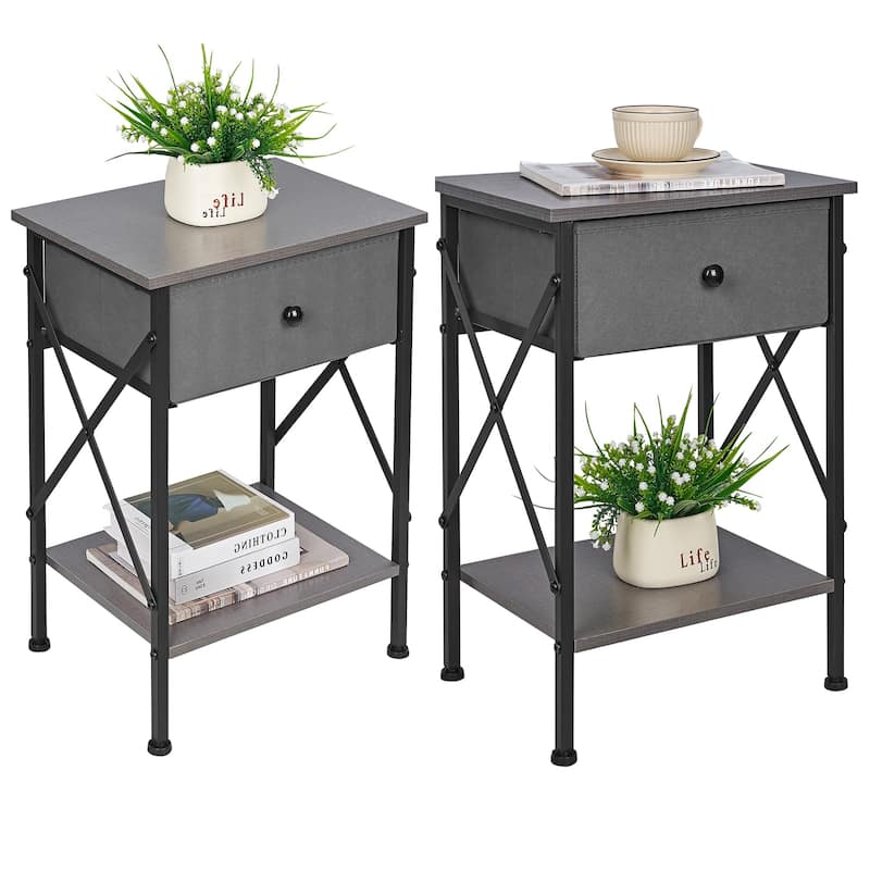 Javlergo 2 Pack X Frame Nightstand with Removable Fabric Drawer Easy to Clean Multifunctional End Table with Open Shelf - Ash Grey