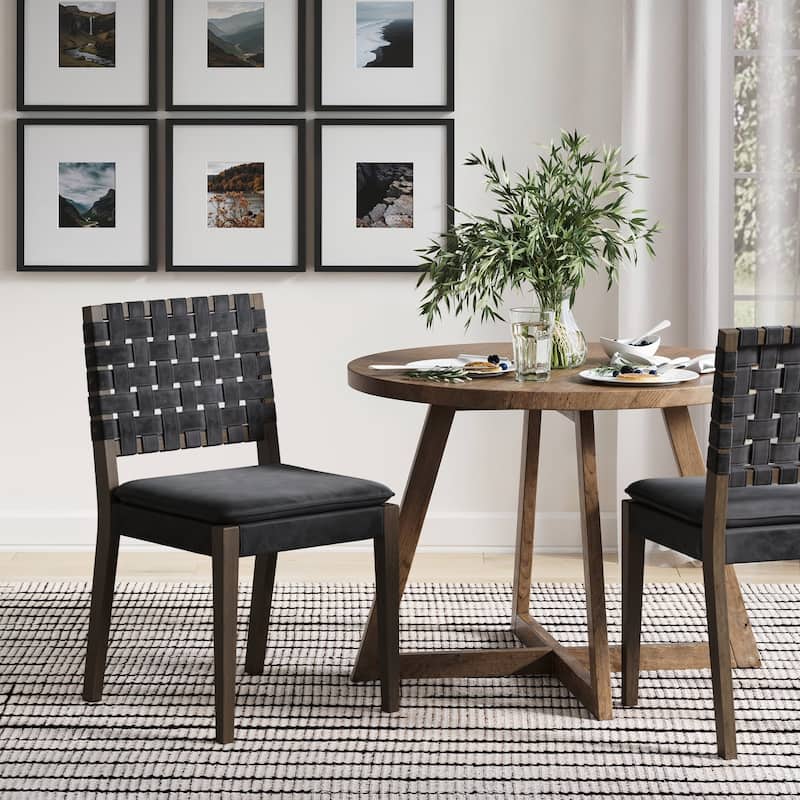 Cohen 19 in. Wood Dining Chair, Mid-Century Modern Upholstered Side Chair with Hand Woven Faux Leather Backrest