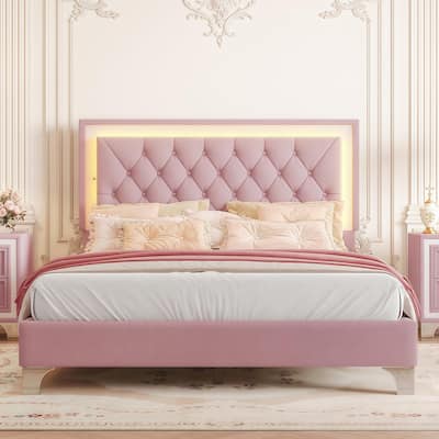 Full Upholstered Bed - LED Tufted Headboard, Velvet Platform, Modern Style