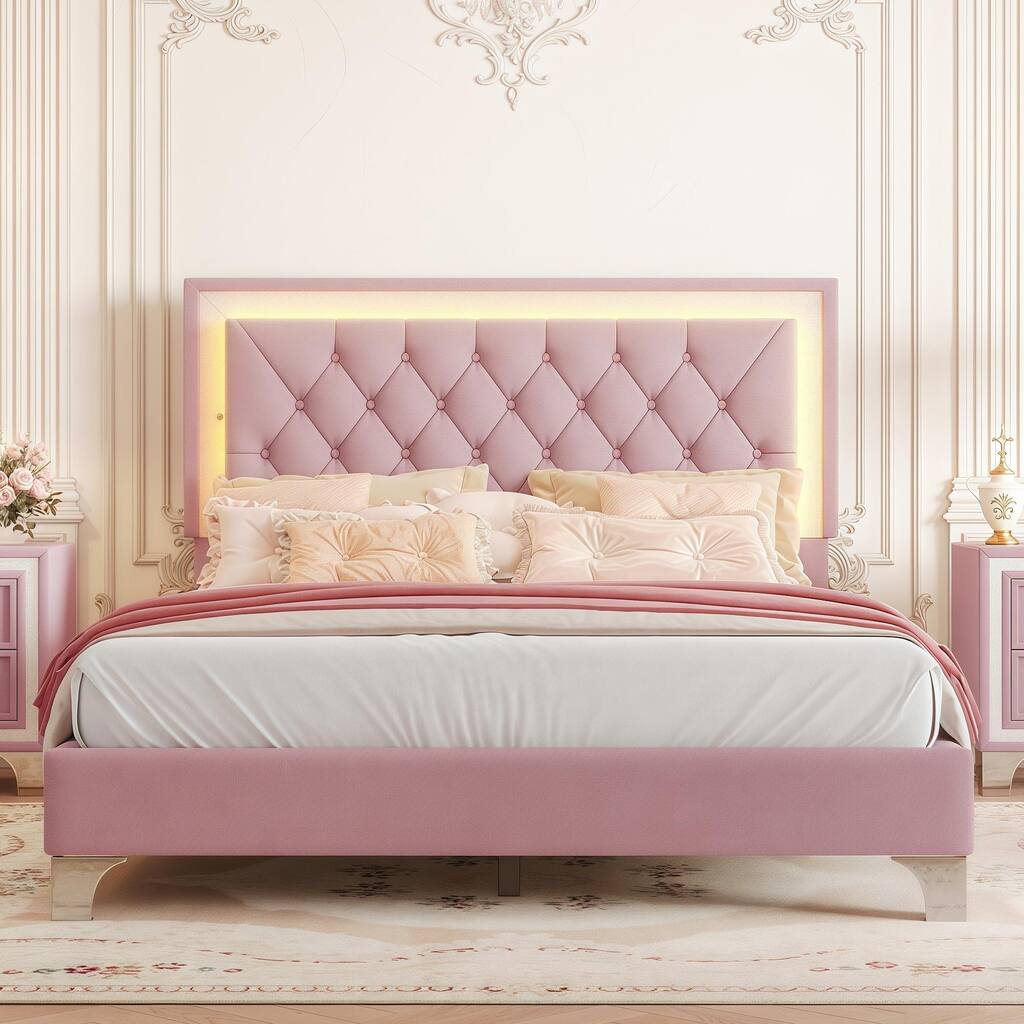 Modern Queen Size Velvet Platform Bed with Tufted Headboard and Romantic LED Lighting, Sturdy Upholstered Frame