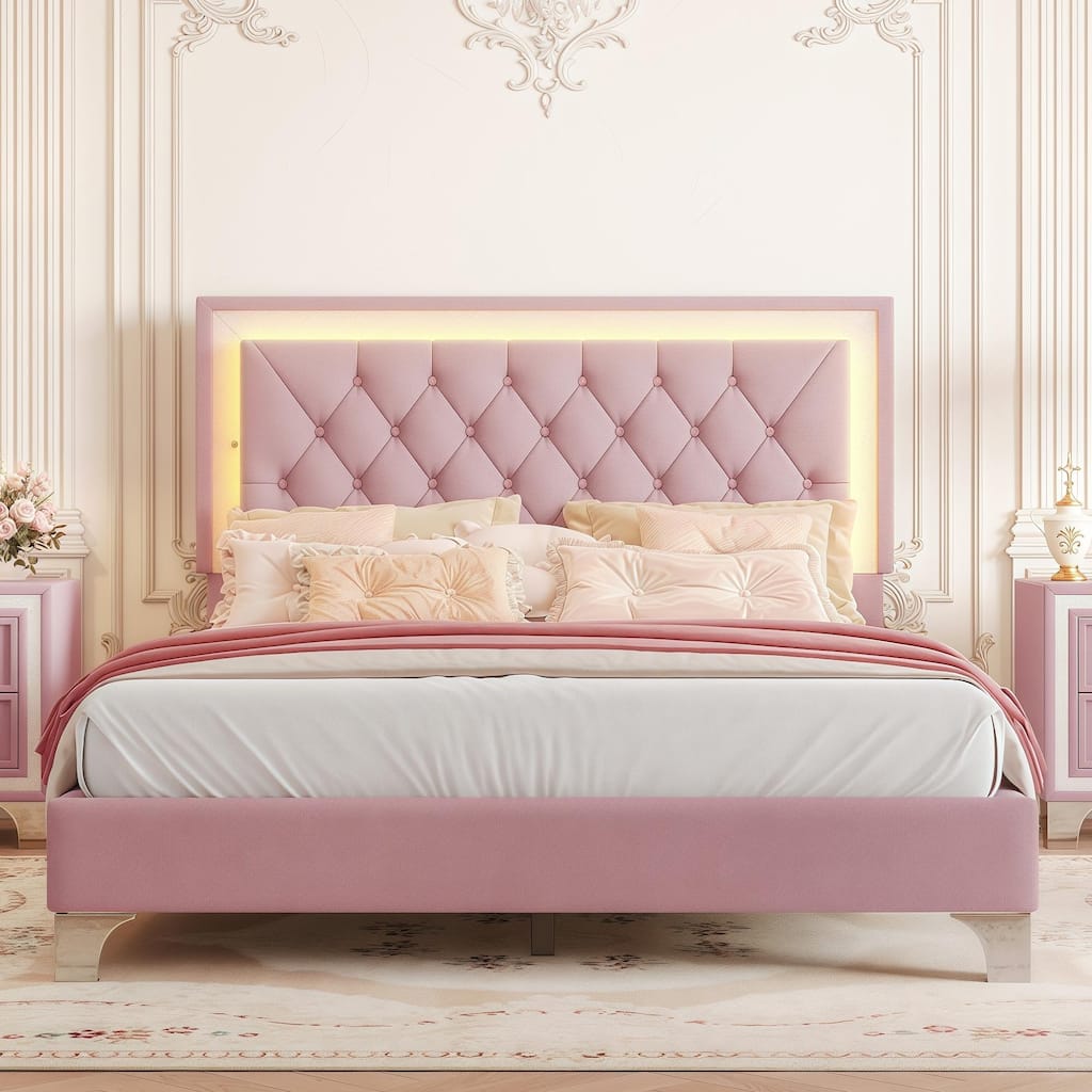 Velvet Upholstered Platform Bed with Tufted Headboard