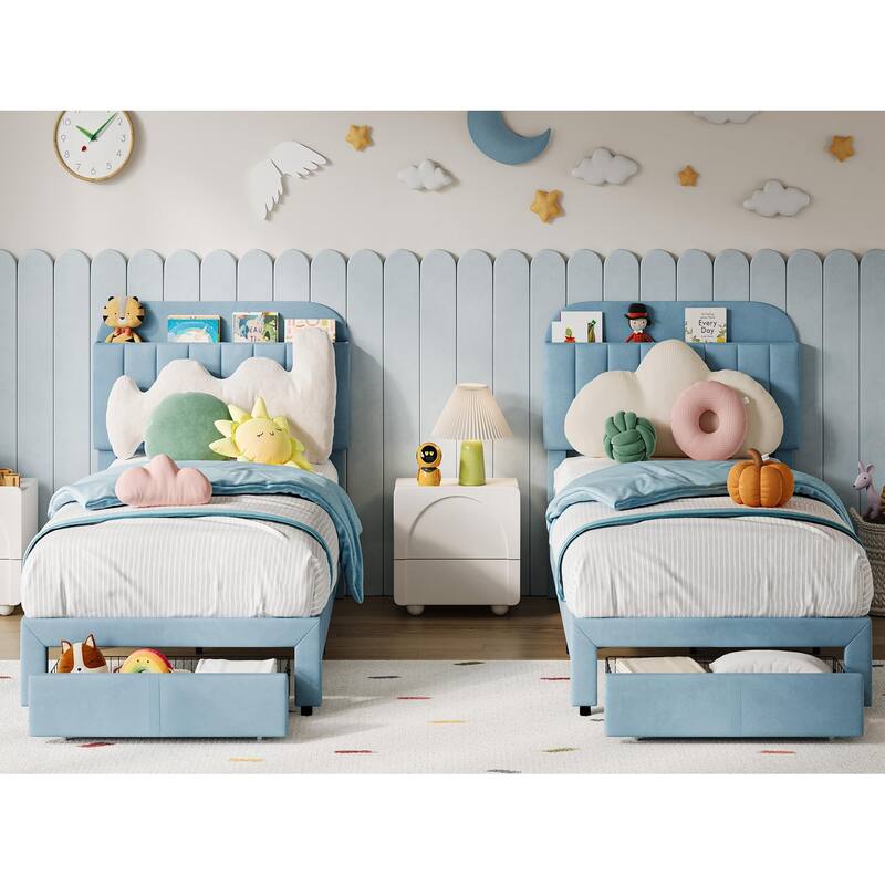 Twin Bed Frames for Kids, Velvet Upholstered Platform Bed Frames with Drawer and Bookcase Headboard, Girls Boys Bed