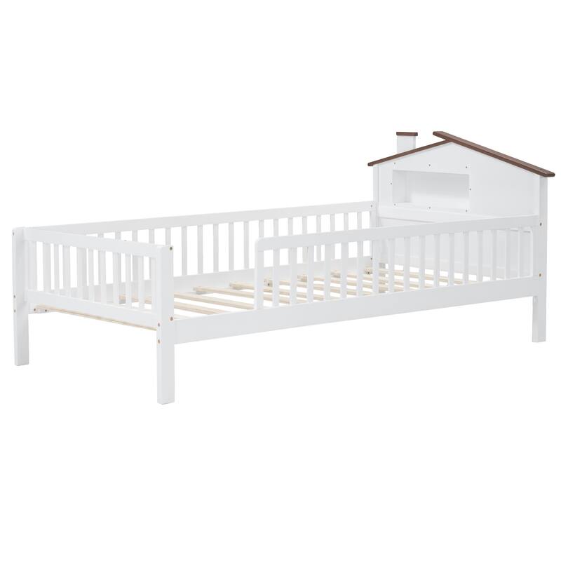 Twin Size Wood Platform Bed with House Headboard, LED & Storage - White