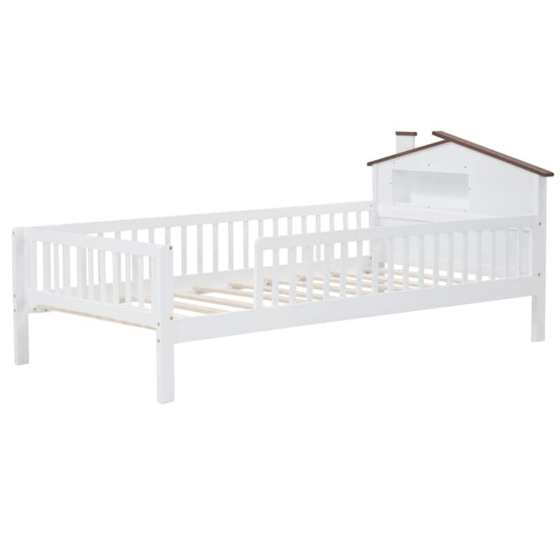 Twin Size Wood Platform Bed with House-shaped Headboard, LED Light, and Built-in Storage, White