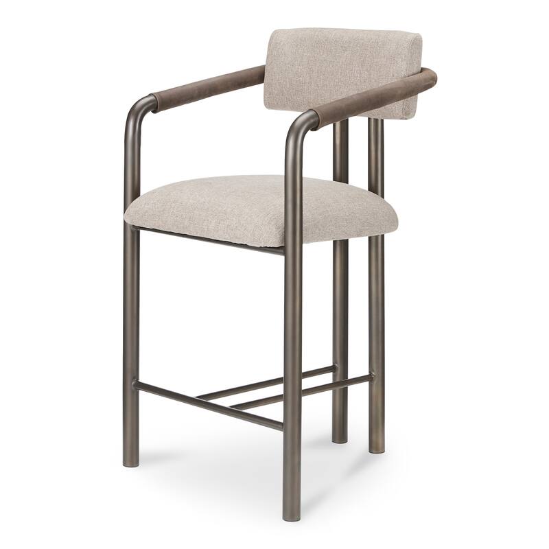 Title: NADAAL STUDIOS Dastan Counter Stool, Leather Wrapped Arms, Iron Frame, Upholstered Seat, Brown