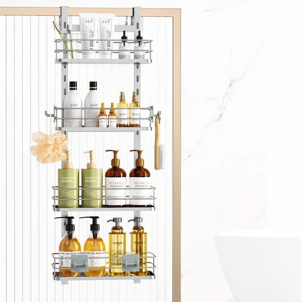 Adjustable Hanging Over the Shower Door Caddy,Bathroom Organizer Shelf Storage with 4 Hooks for Razor - Silver-4 Pack