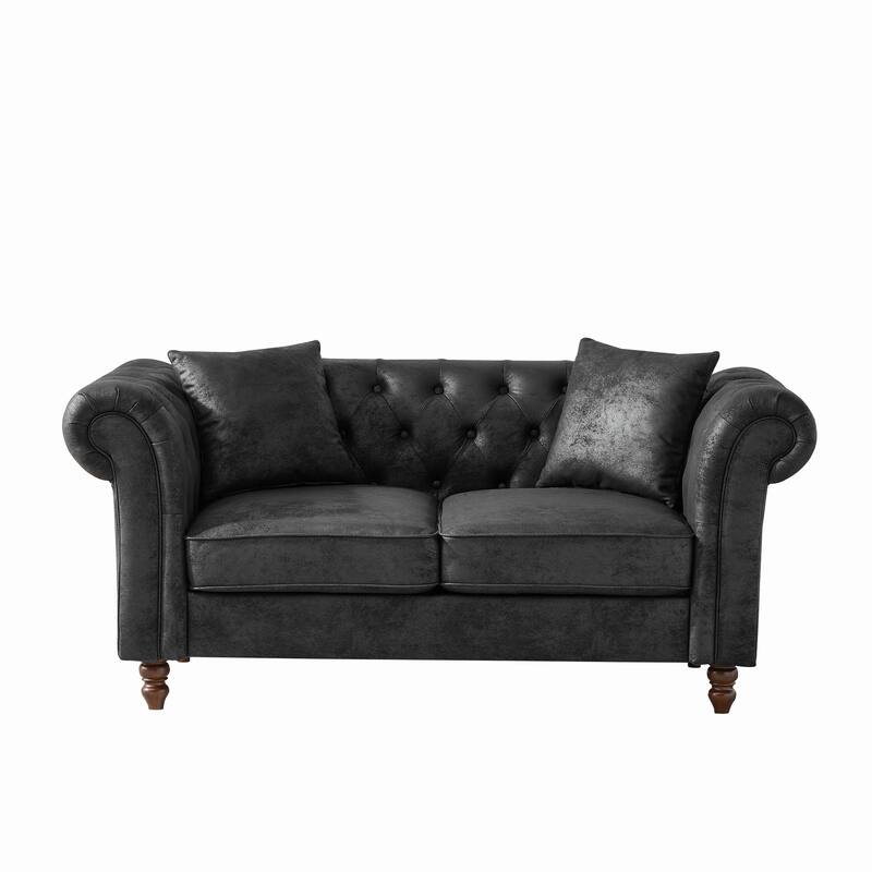 Mid Century Modern Upholstered Loveseat, Small Sofa with High-Tech Fabric Roll Armrest, 2 Seater Couch with Solid Wood Legs