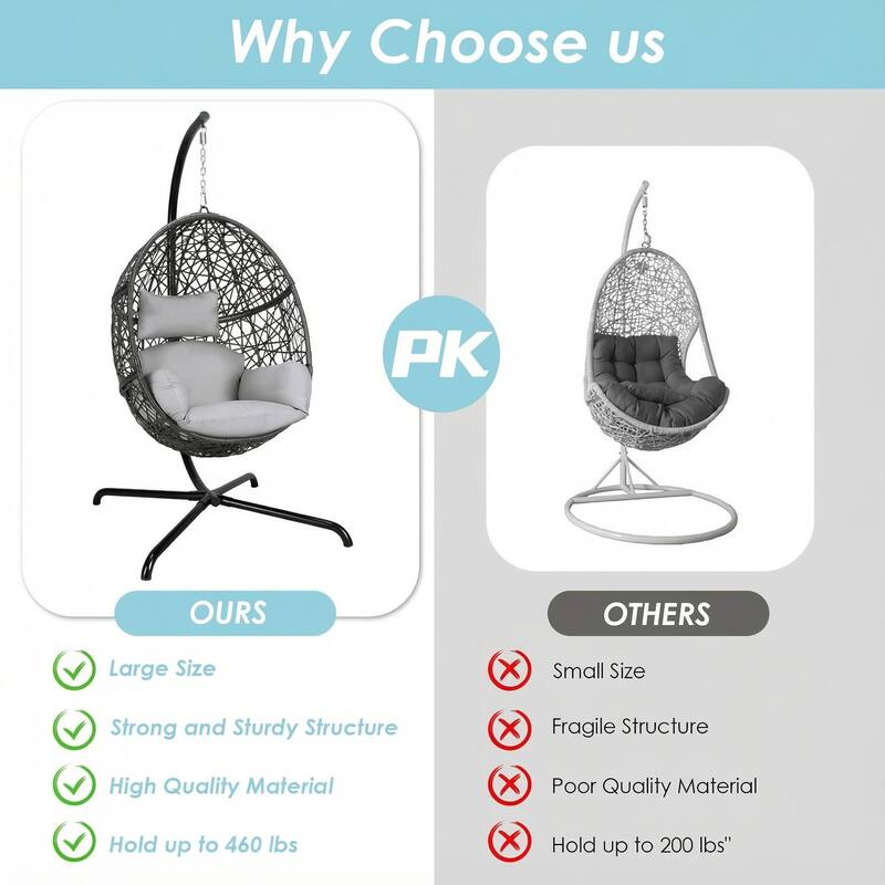 Oversized Egg Chair with Stand, 460 lbs Heavy-Duty Outdoor/Indoor Wicker Hanging Basket Chair