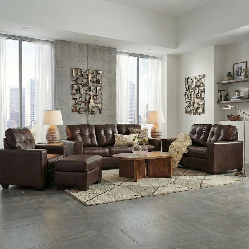 Roundhill Furniture Holmes Leather 4-Piece Living Room Set - Brown