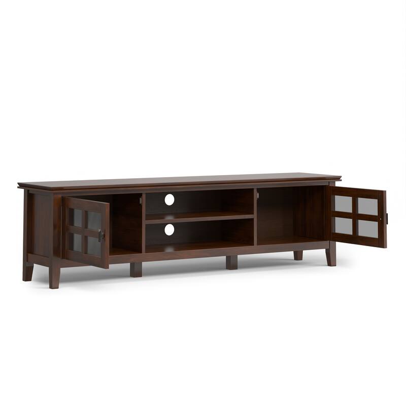 WYNDENHALL Stratford SOLID WOOD 72" Wide Transitional TV Media Stand in Russet Brown For TVs upto 80" - 16.5" D x 72" W x 20" H