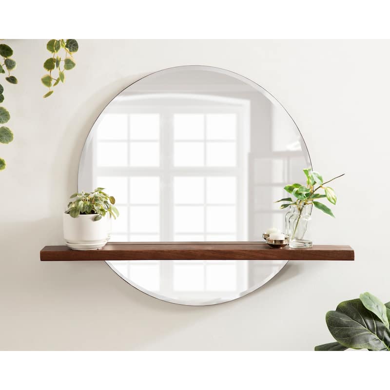 Kate and Laurel Fosset Round Frameless Mirror with Shelf - 30x24