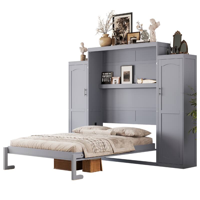 Queen Size Murphy Bed, Wooden Queen Wall Bed with 2 Wardrobe and Storage Shelf, Multifunctional Foldable Platform Bedframe