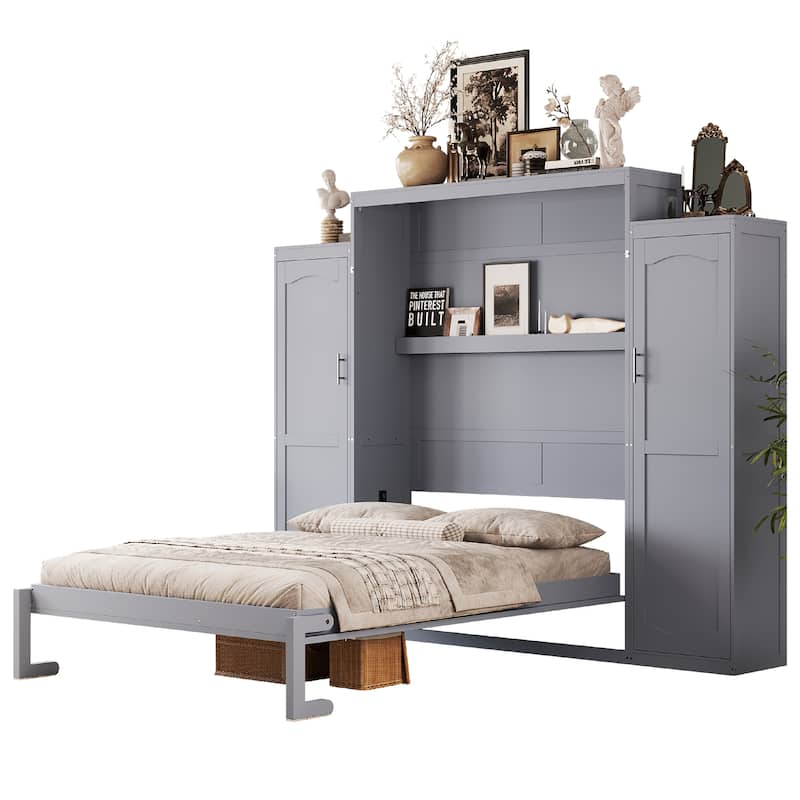 Roomfitters Queen Murphy Wall Bed with Two Wardrobes and Storage Shelf