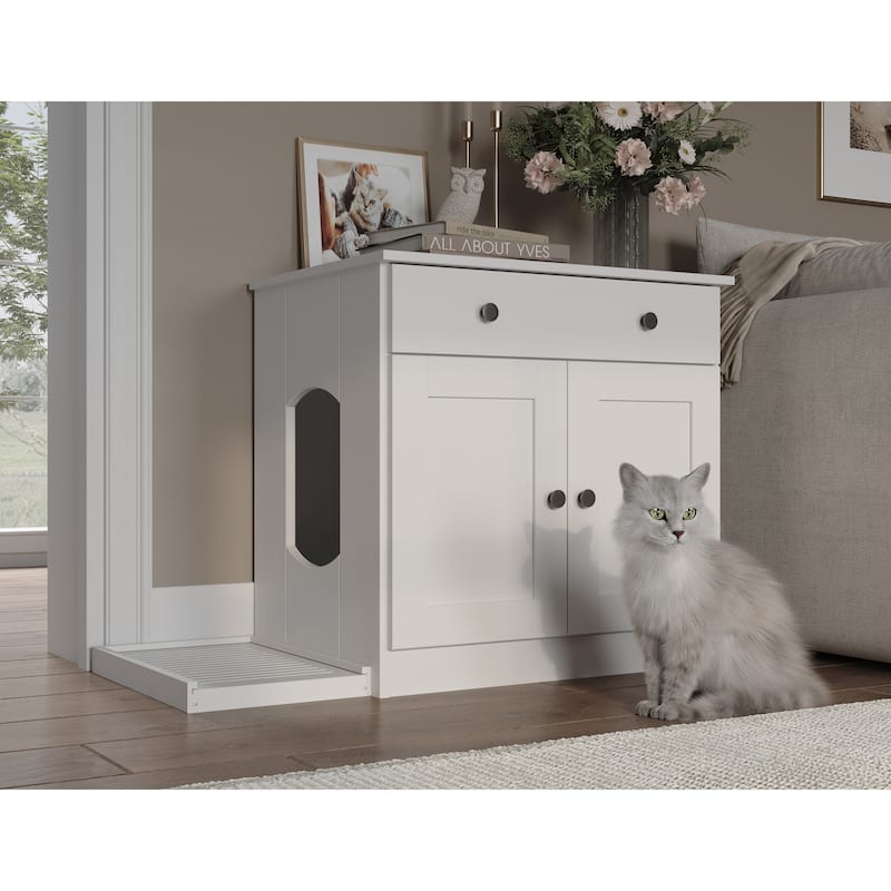 Palace Imports 100% Solid Wood Ziva 2-Door Cat Litter Box Enclosure with 2-Drawers and Litter Catch - White