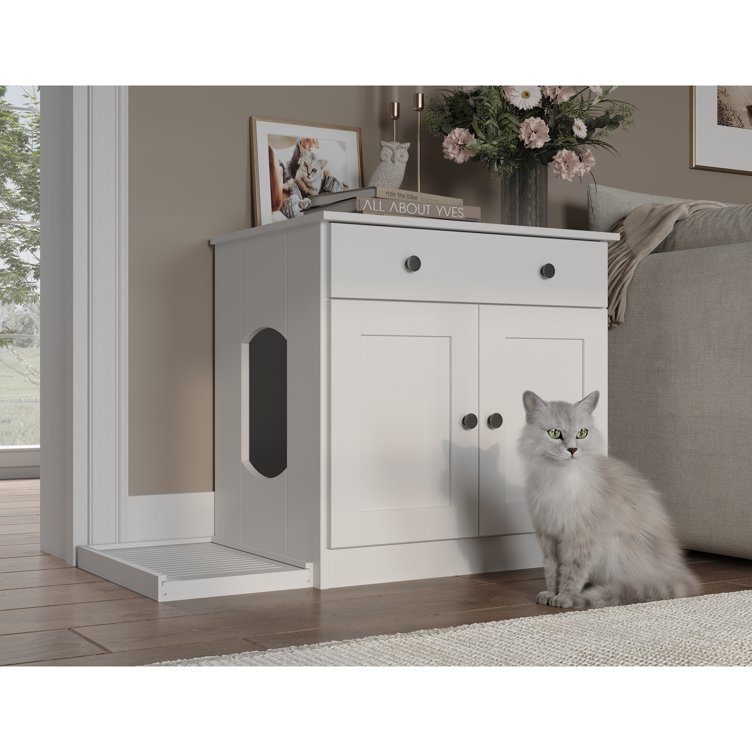 Palace Imports 100% Solid Wood Ziva 2-Door Cat Litter Box Enclosure with 2-Drawers and Litter Catch