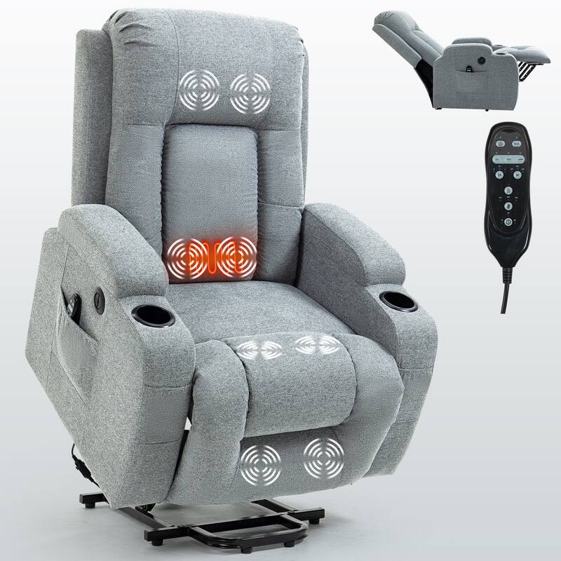 Grey Power Lift Recliner with Massage, Heat & Cup Holders