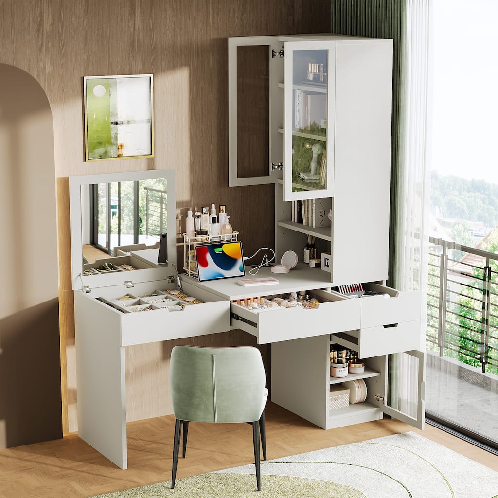 Roomfitters Versatile Vanity Desk with Mirror and Charging Station, Dressing Table with 8 Storage Compartments, White
