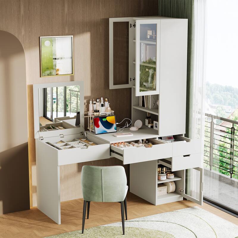 Versatile Makeup Vanity Desk with Mirror Charging Station 8 Storage Compartments and 3 Drawers