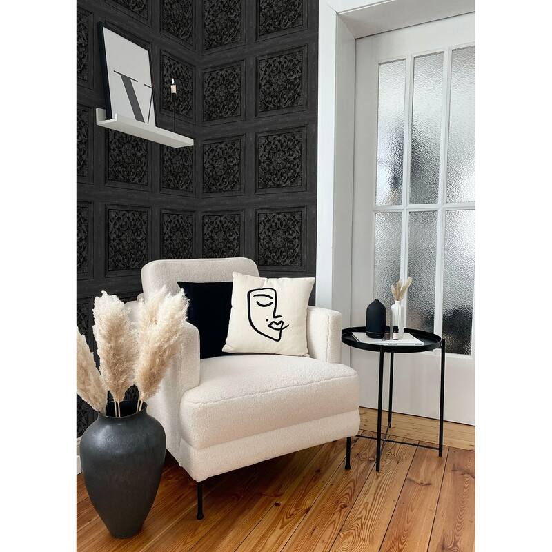 Carved Floral Black Peel and Stick Wallpaper