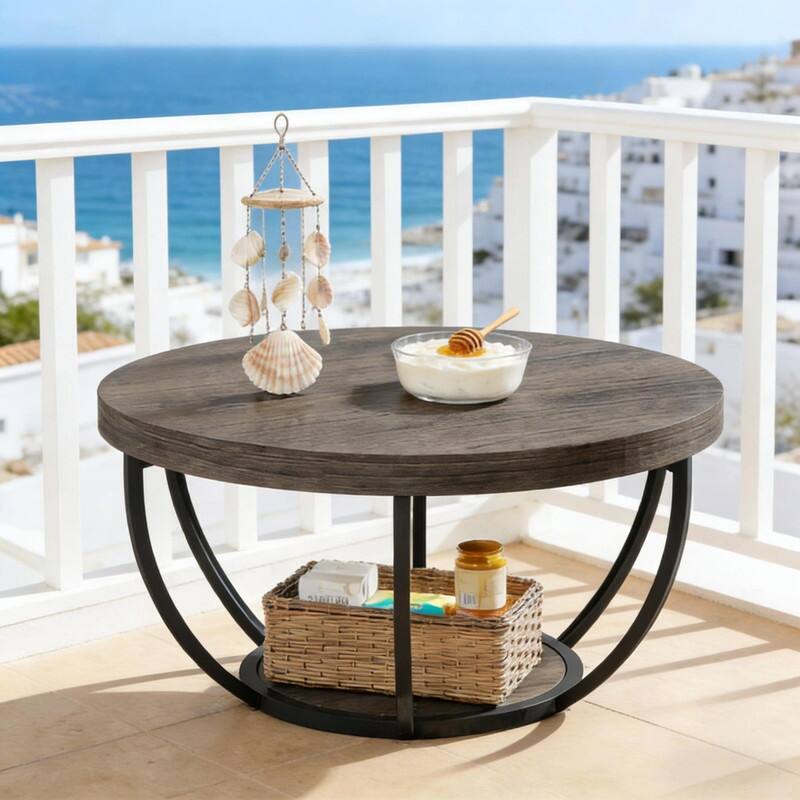 Round 2-Tier Wood Coffee Table with Metal Base for Living Room