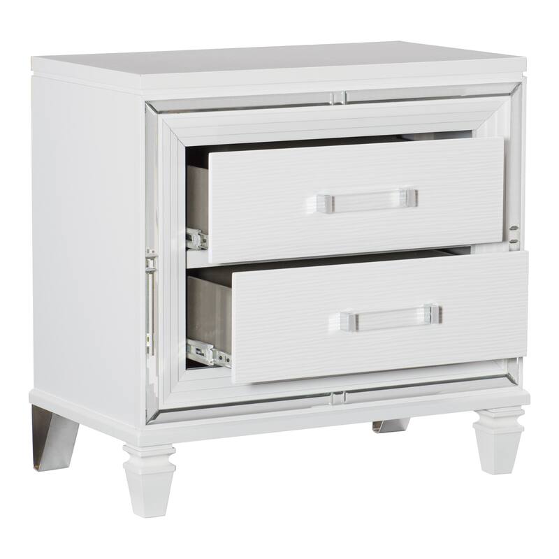 Glamorous White Silver Nightstand, 2 Drawers, Acrylic Bar Pulls, Stylish