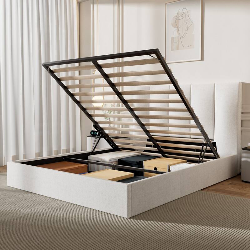 Modern Upholstered Lift-Up Storage Platform Bed with Headboard