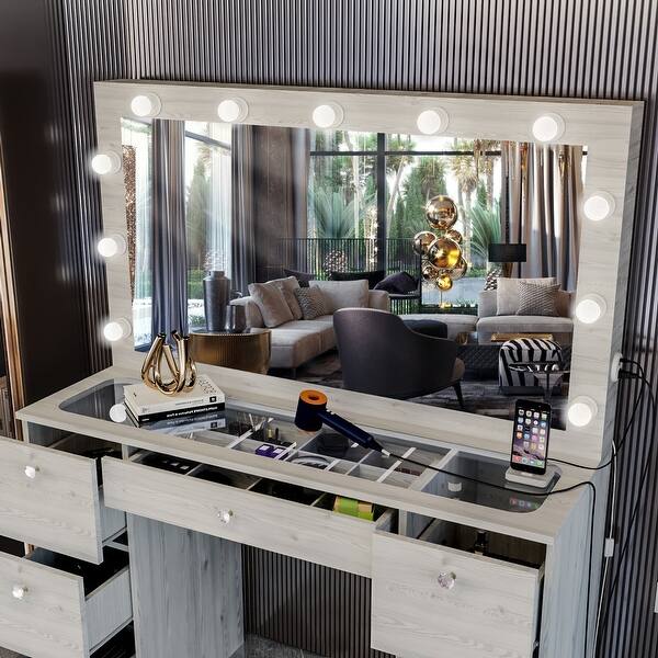 Boahaus Vanity Desk, Mirror, Lights Built-in, 7 Drawers, Glass Top, White