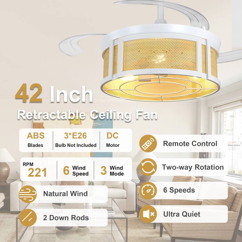 Cusp Barn 42'' Retractable Ceiling Fan with Lights and Remote, Boho Rattan Fandelier, Farmhouse Caged Chandelier Ceiling Fan