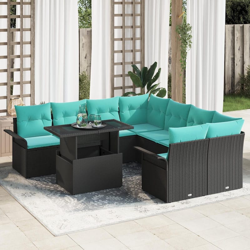 vidaXL 9 Garden Sofa Set with Cushions Black/Brown/Grey Poly Rattan - 95.5 x 92.1 x 27.2 - Black
