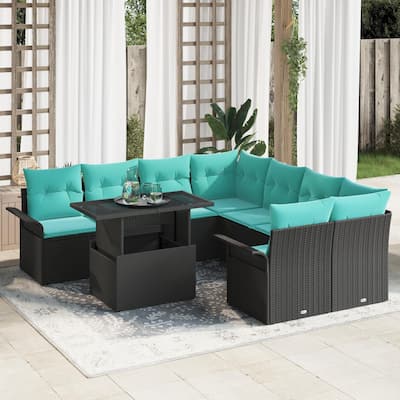 vidaXL 9 Piece Garden Sofa Set with Cushions Black Poly Rattan - 95.5×92.1×27.2