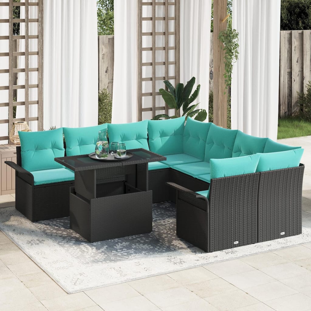 vidaXL 9 Piece Garden Sofa Set with Cushions Black Poly Rattan - 95.5×92.1×27.2