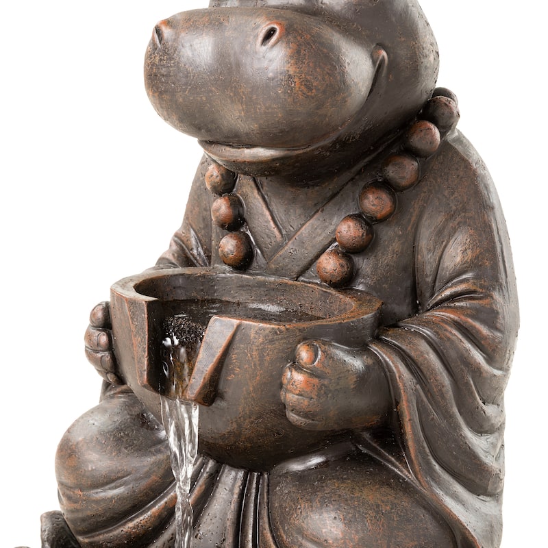Glitzhome 21.75"H 2-Tiered Lighted Zen Style Frog Elephant Hippo Polyresin Outdoor Fountains
