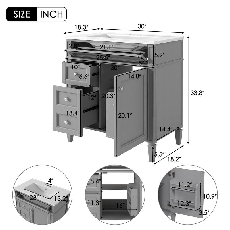 30-Inch Modern Bathroom Vanity with Ceramic Sink, 3 Drawers, Storage Cabinet, and Soft-Close Doors