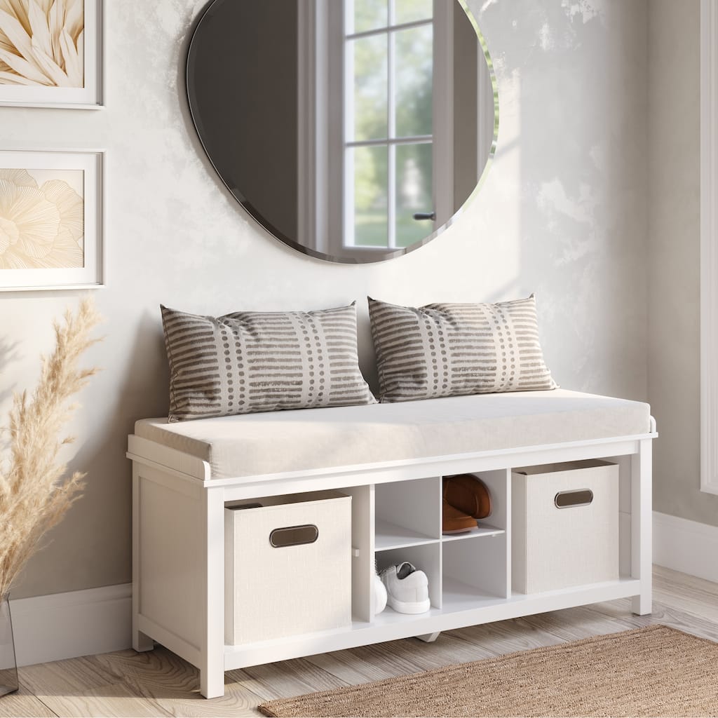 John Louis Home Solid Wood Entryway Bench with 4 Shoe Cubbies White