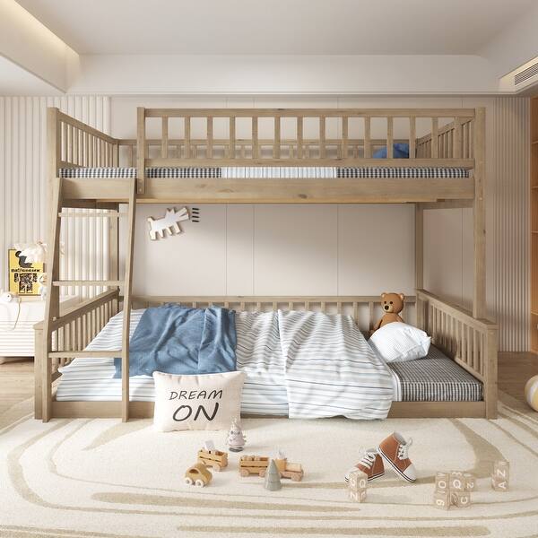 slide 2 of 13, Walnut Full XL over Queen Size Bunk Bed with Ladder & Guardrails Full XL over Queen - Walnut