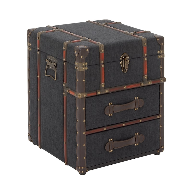 Faux Leather Vintage 2 Drawer Accent Table with Buckle Hinged Top - Dark Brown - Roche River Decor