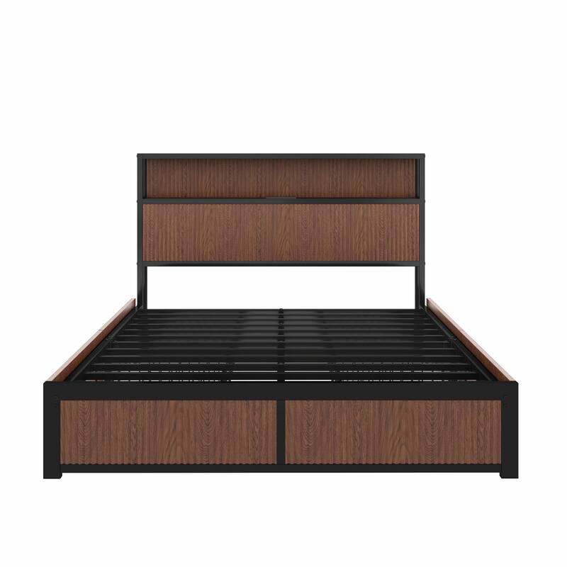 Wooden Platform Bed with Multiple Drawers and Built-In Bedside Socket
