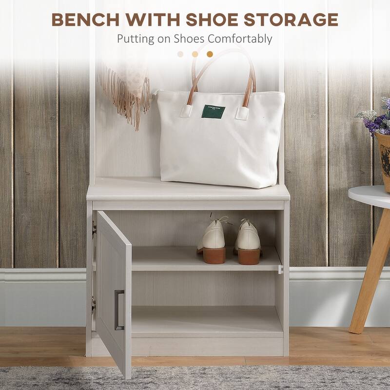 White Entryway Coat Rack Bench Shoe Bench with Hooks, Stylish Living Room Hall Tree Storage Bench with Storage Compartments