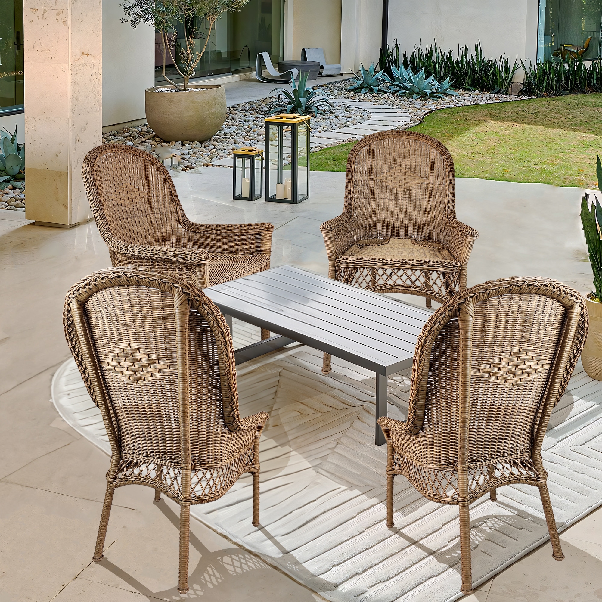 Garden Furniture Brown Rattan Stacking Chairs Steel Rattan Outdoor