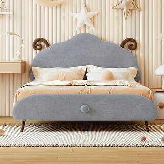 Wooden Full Size Fabric Platform Bed Frame with Sheep-Shaped Headboard, Upholstered Bed with Support Legs, Gray
