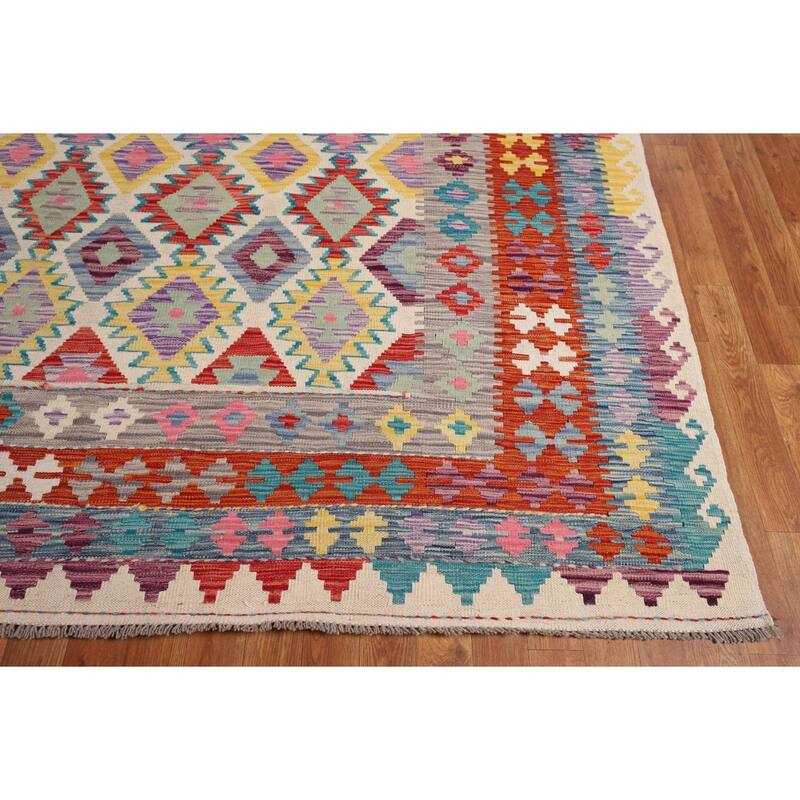 Flat Weave Geometric Kilim Oriental Large Rug Flatweave Wool Carpet - 10'1" x 15'11"