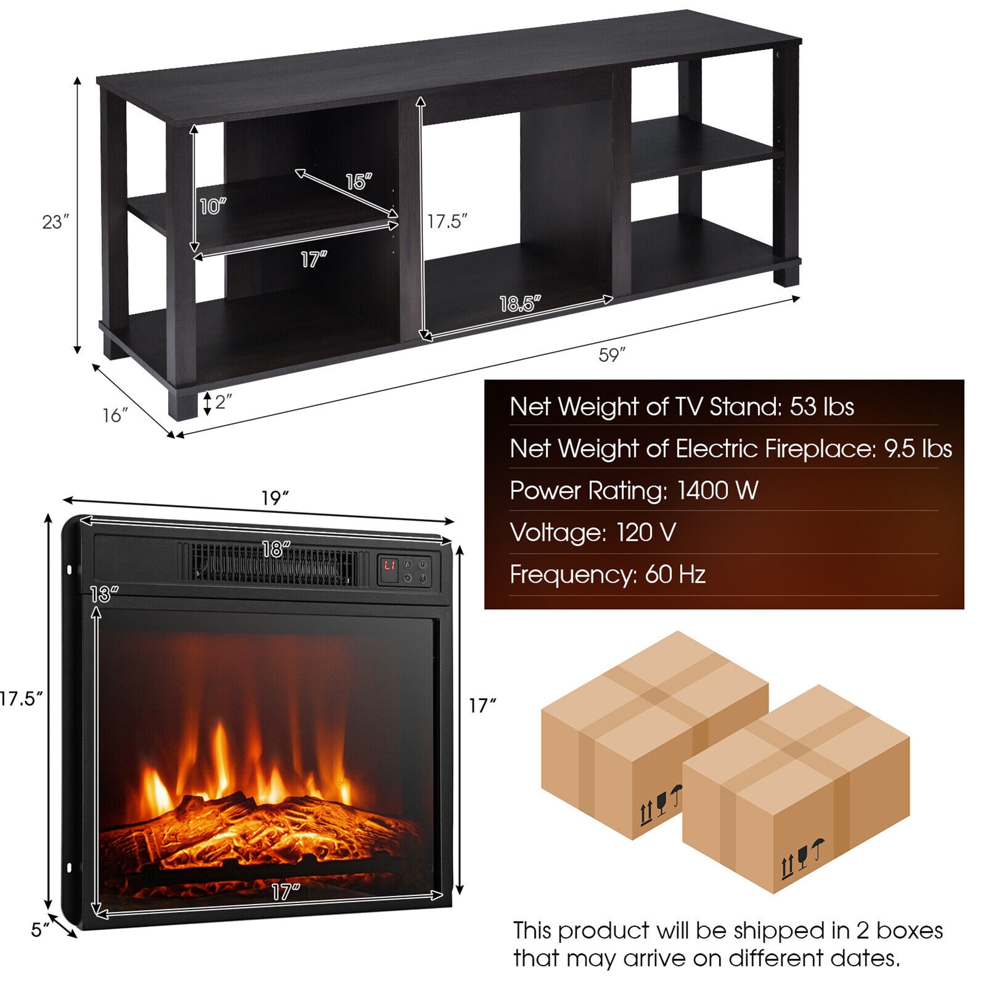 Gymax 2-Tier TV Stand u0026Electric Fireplace Heater Storage Cabinet - Bed Bath  u0026 Beyond - 29888185