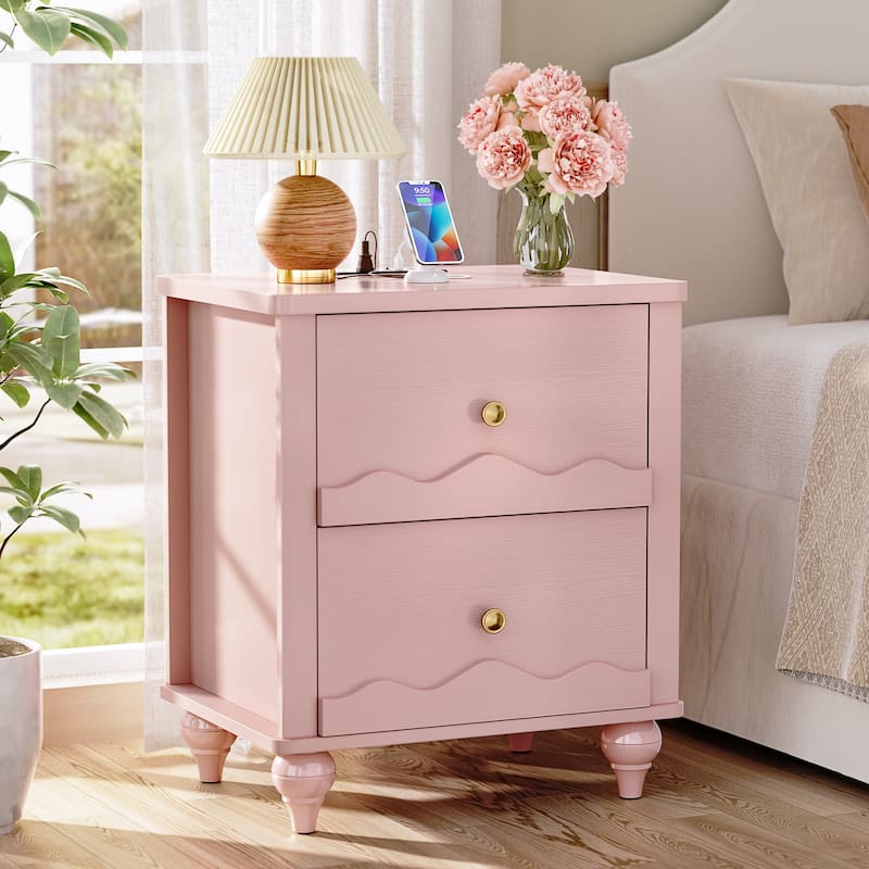 Modern Nightstand with Charging Station, Side End Table with 2 Drawers - Pink - 2-drawer