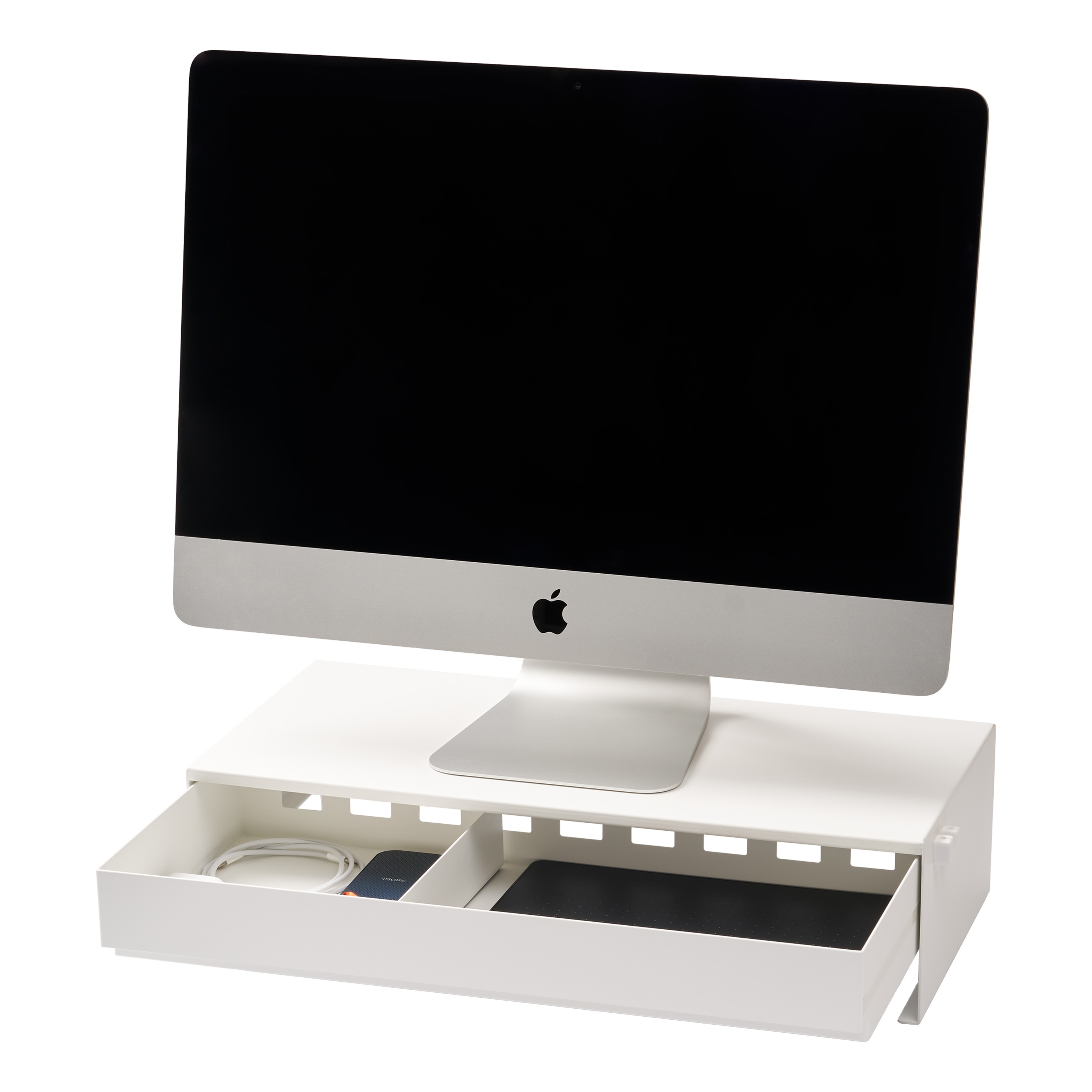 Yamazaki Home Monitor Stand With Drawer, Steel - L 16.1 x W 19.7 x H 5 inches